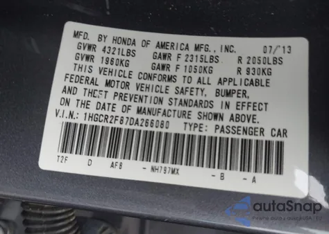 2013 Honda Accord Ex-L из США, поврежденный, VIN 1HGCR2F87DA266080